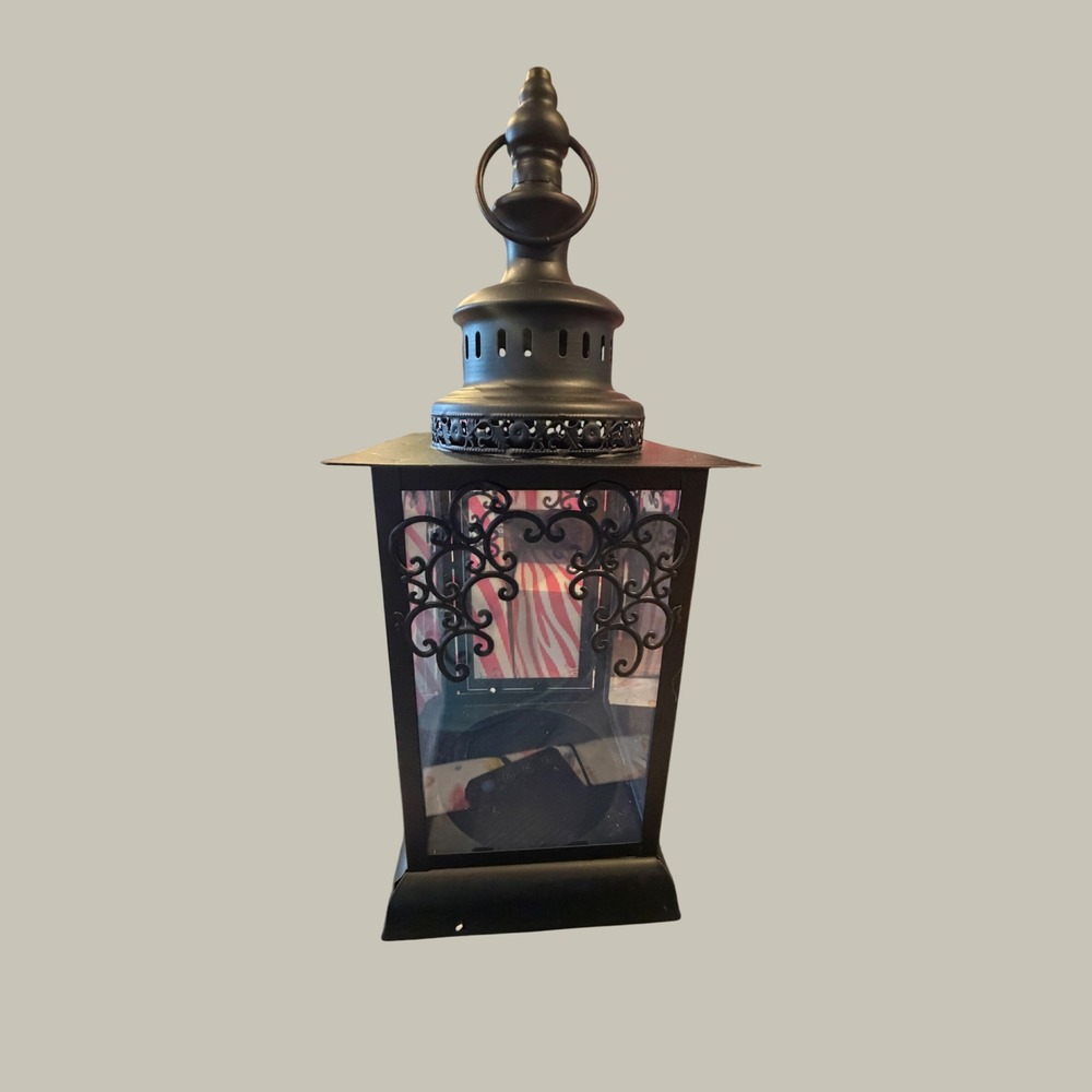 Pink Zebra Simmering Lights Lantern Black Metal Scrollwork Filigree